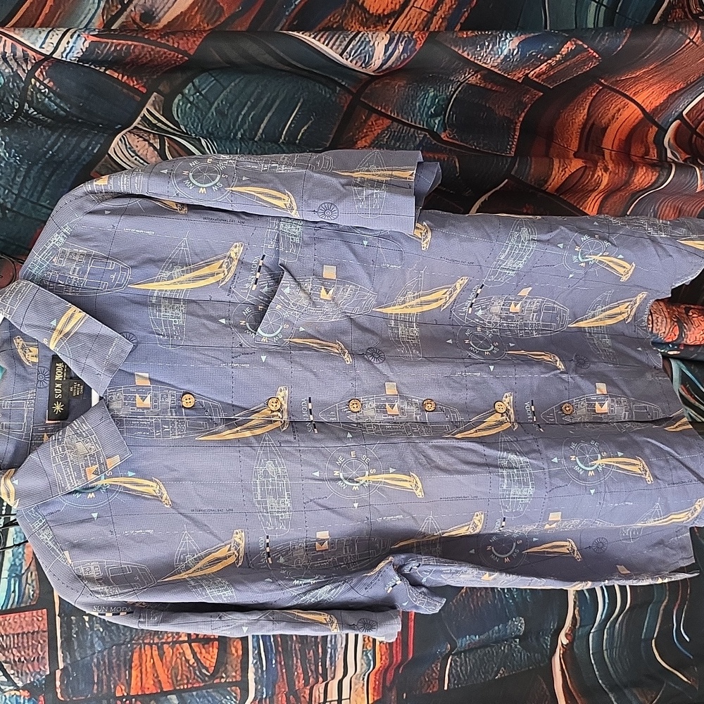 Sun Moda Blue Silk Shirt Boat Themed Mens XL (M122) 100% SILK (Vintage)